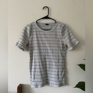 J. Crew Blue Bronze Metallic Striped Cotton Blend Ruffle Sleeve T-Shirt size M